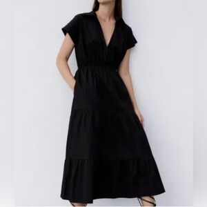 Zara Black Tiered Midi Shirt Dress Cotton Size XL NWT